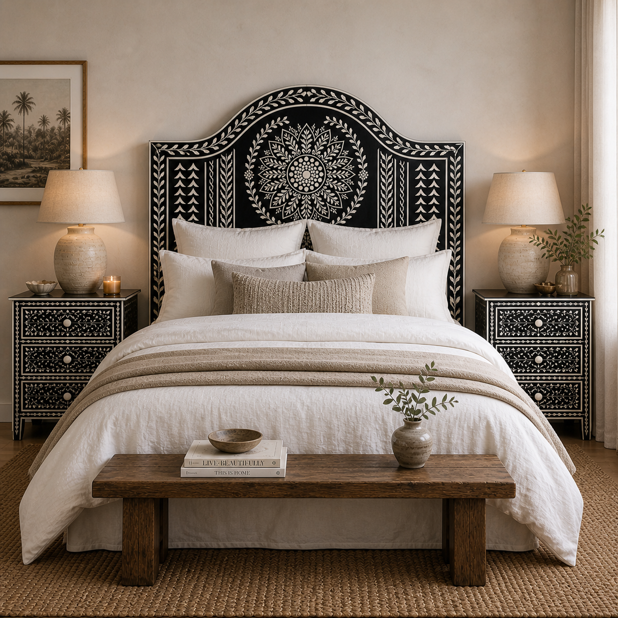 Bone Inlay Bedhead : Mandala : Noir