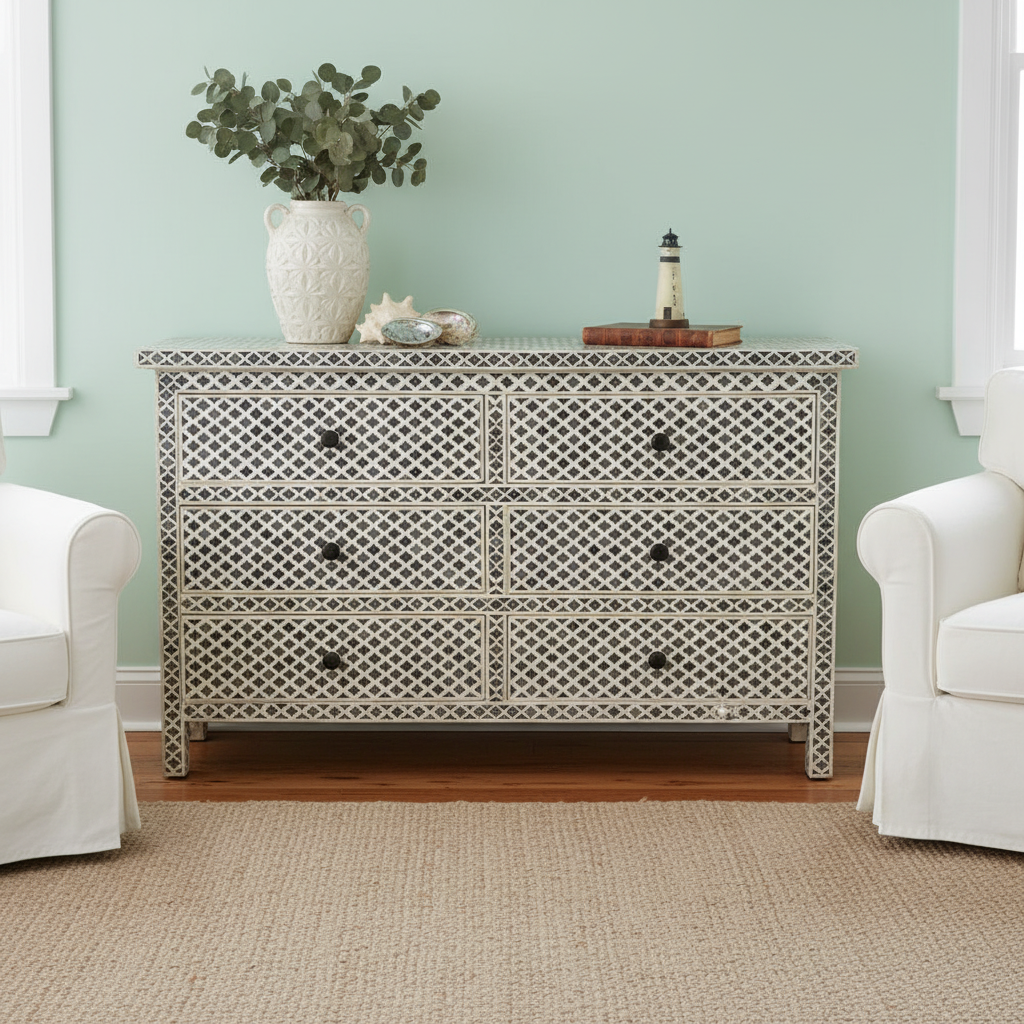 Dyed Bone Inlay 6 Drawer Chest : Moroccan : Grey