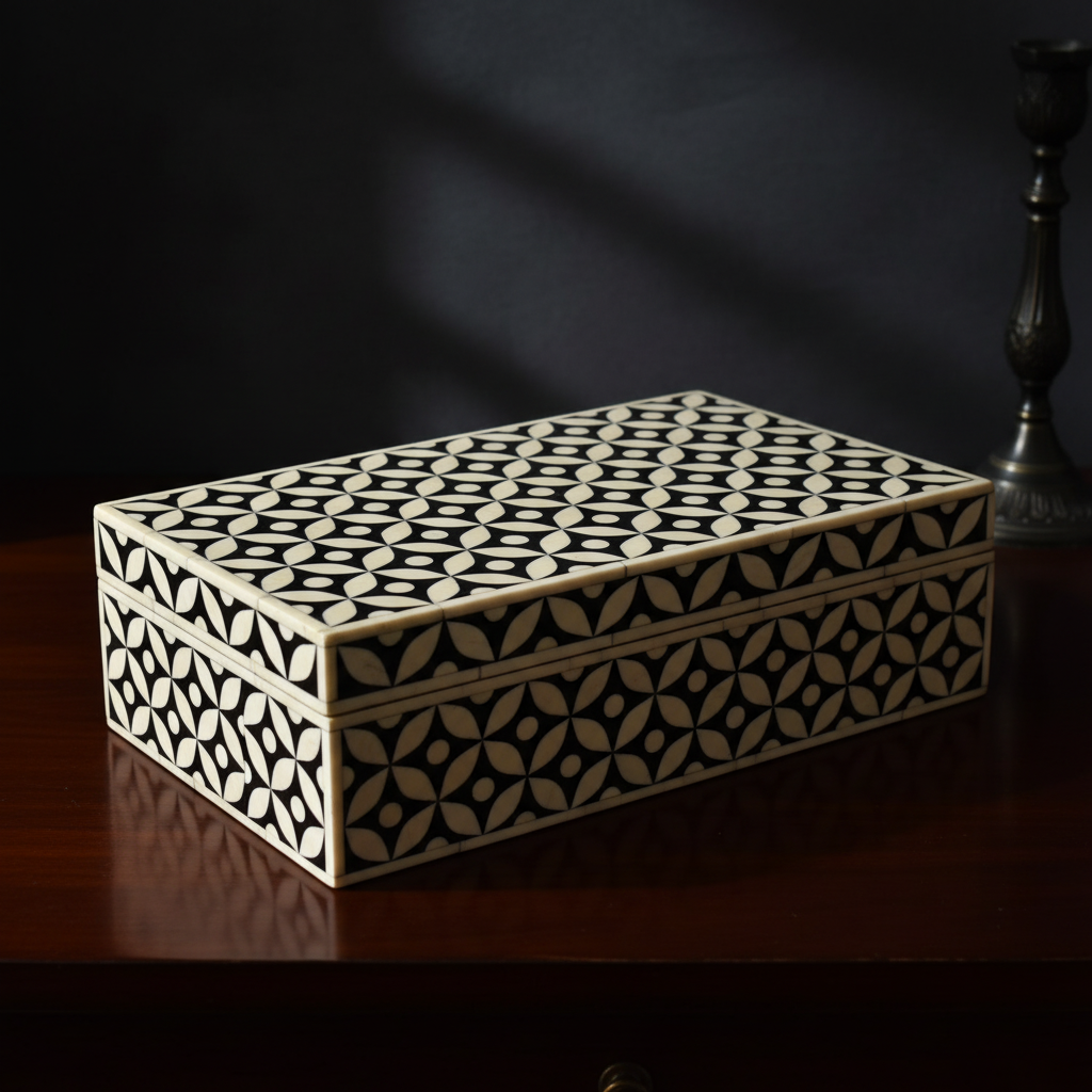 Decorative wooden box with geometric pattern on a dark surface