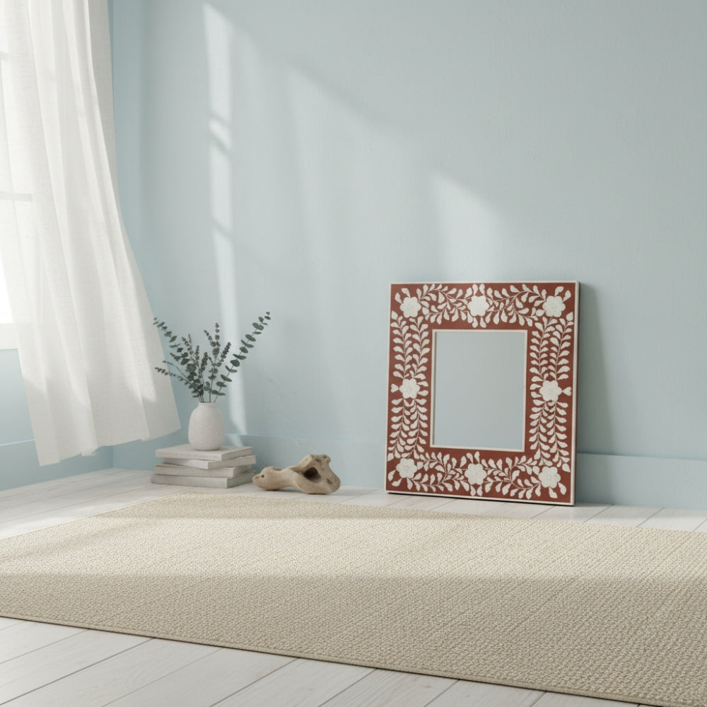 Bone Inlay Square Wall Mirror : Floral : Brown