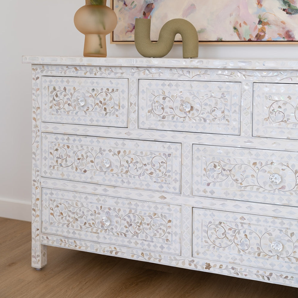 Mother of Pearl Inlay 7 Drawer Chest : Floral : White