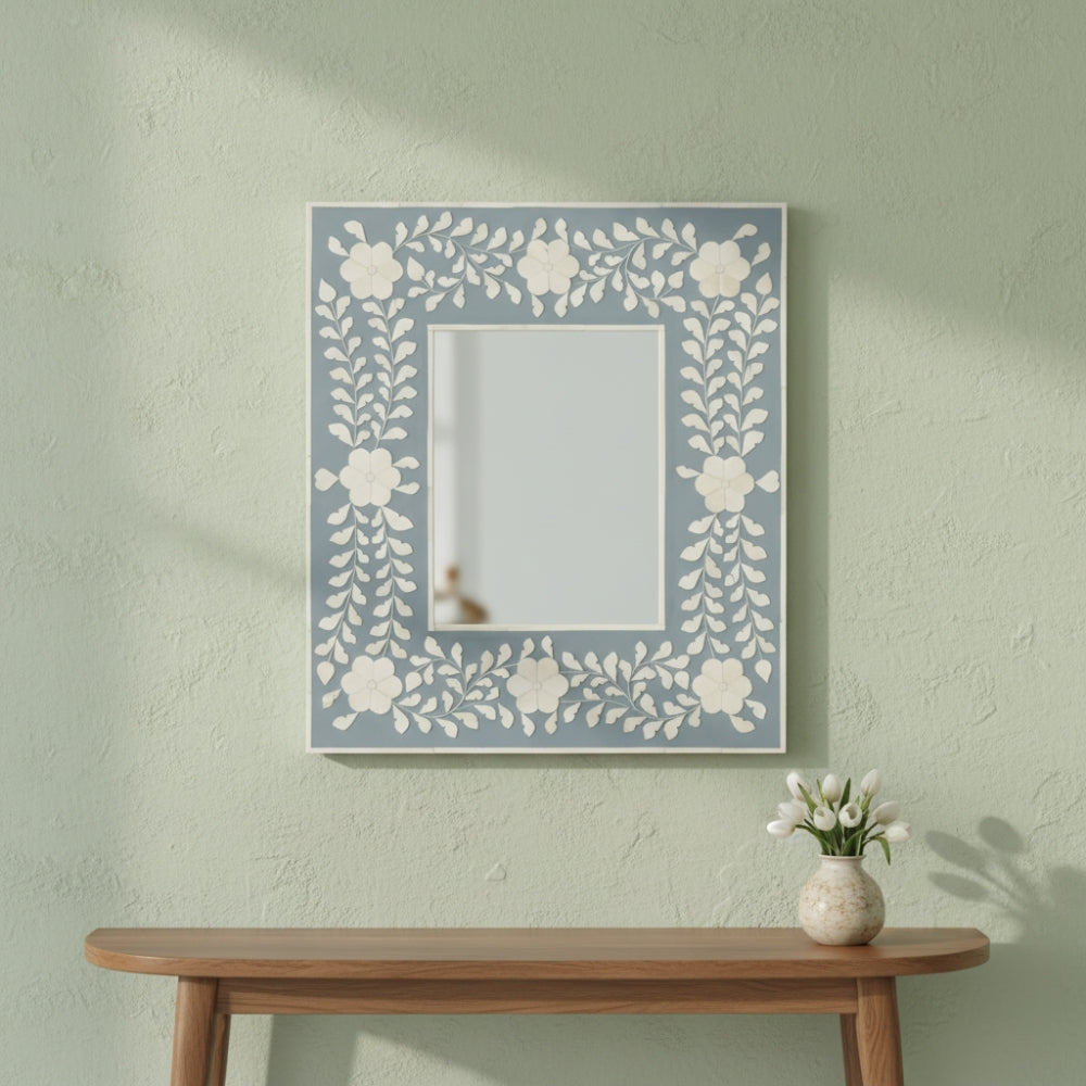Bone Inlay Square Wall Mirror : Floral : Grey