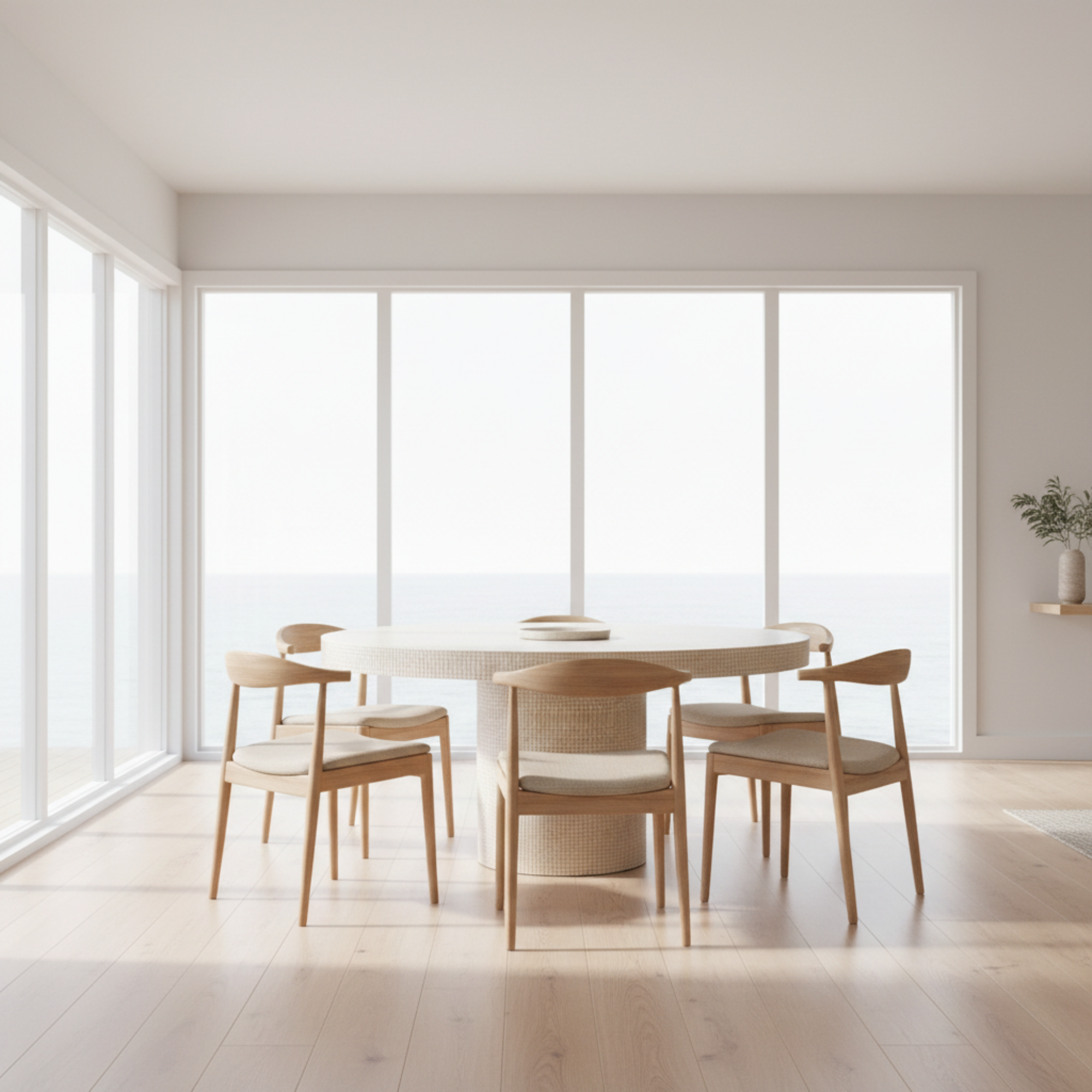 Modern dining set with wooden chairs and table in a bright room with large windows.