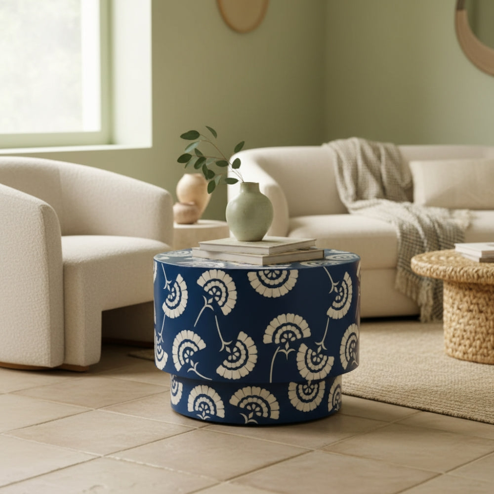 Bone Inlay Round Side Table : Fantail : Navy Blue