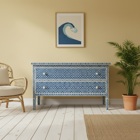 Bone Inlay 2 Drawer : Kilim : Blue