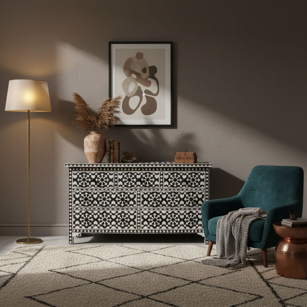 Bone Inlay 7 Drawer Chest : Zelliges : Black