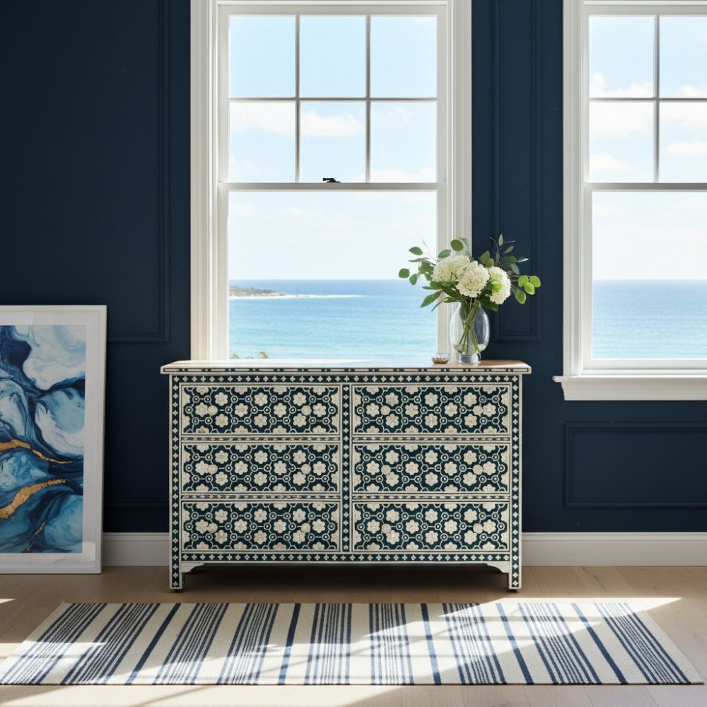 Bone Inlay 6 Drawer Sideboard : Hexafloral : Green