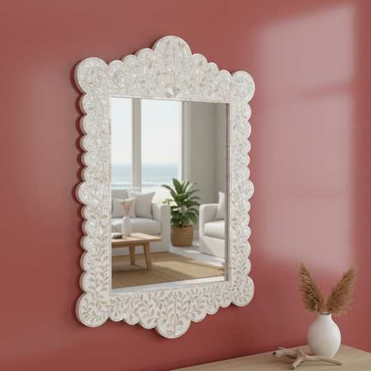 Mother of Pearl Inlay Scalloped Mirror : White