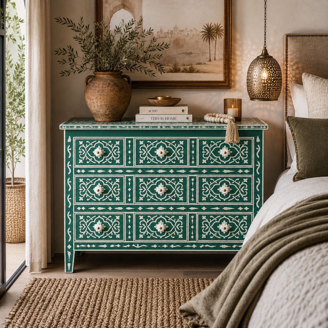 Bone Inlay 6 Drawer Chest : Damask : Teal