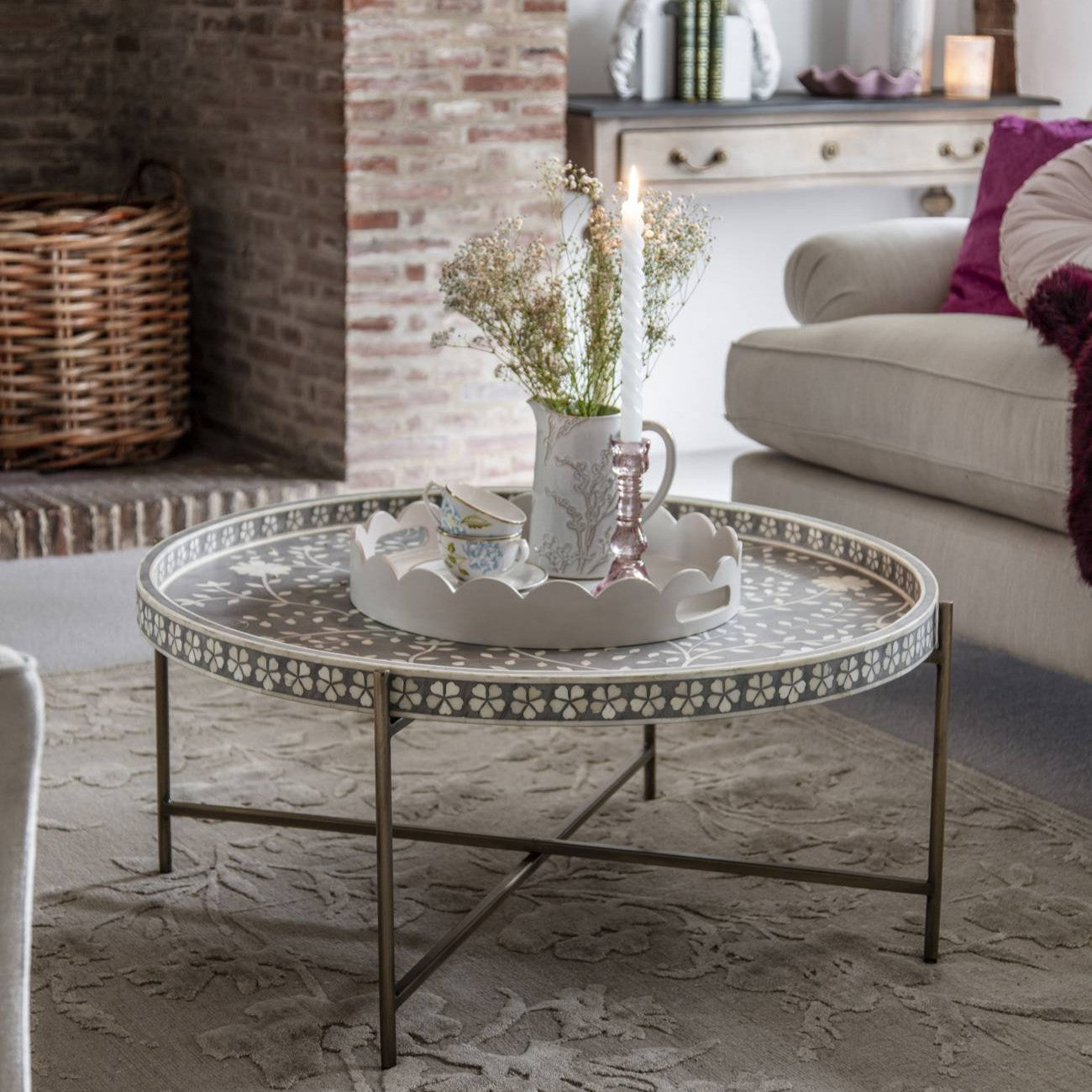 Bone Inlay Round Coffee Table with Metal Legs : Laurel : Grey
