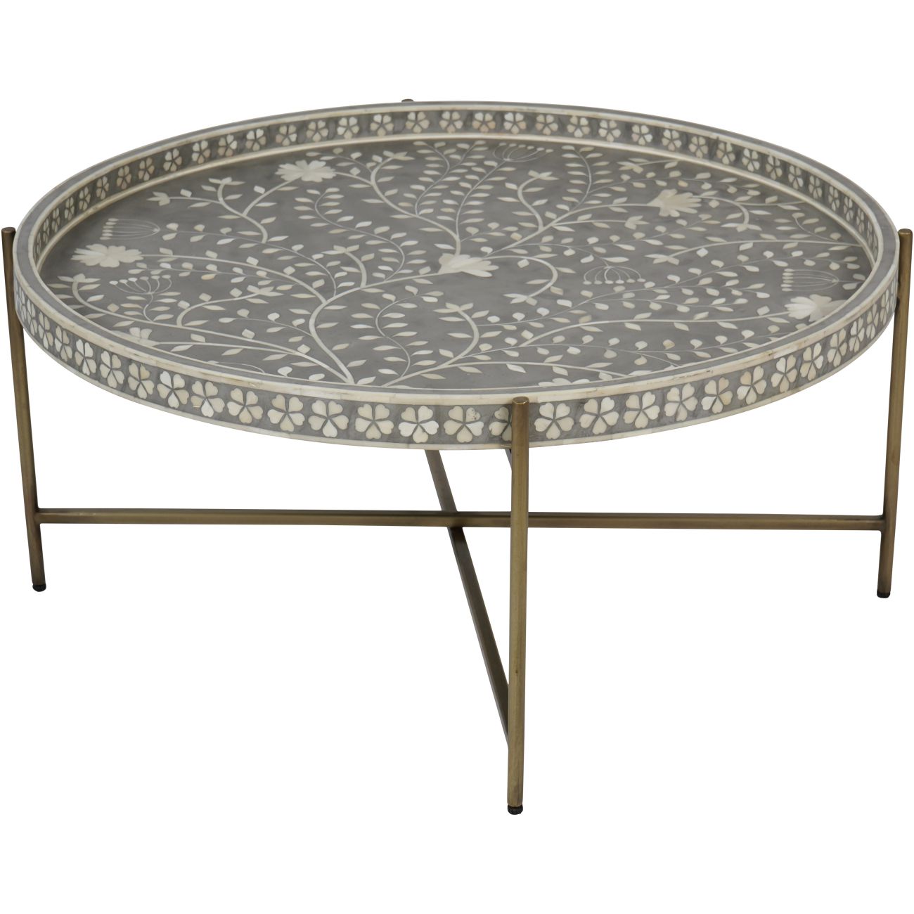 Bone Inlay Round Coffee Table with Metal Legs : Laurel : Grey