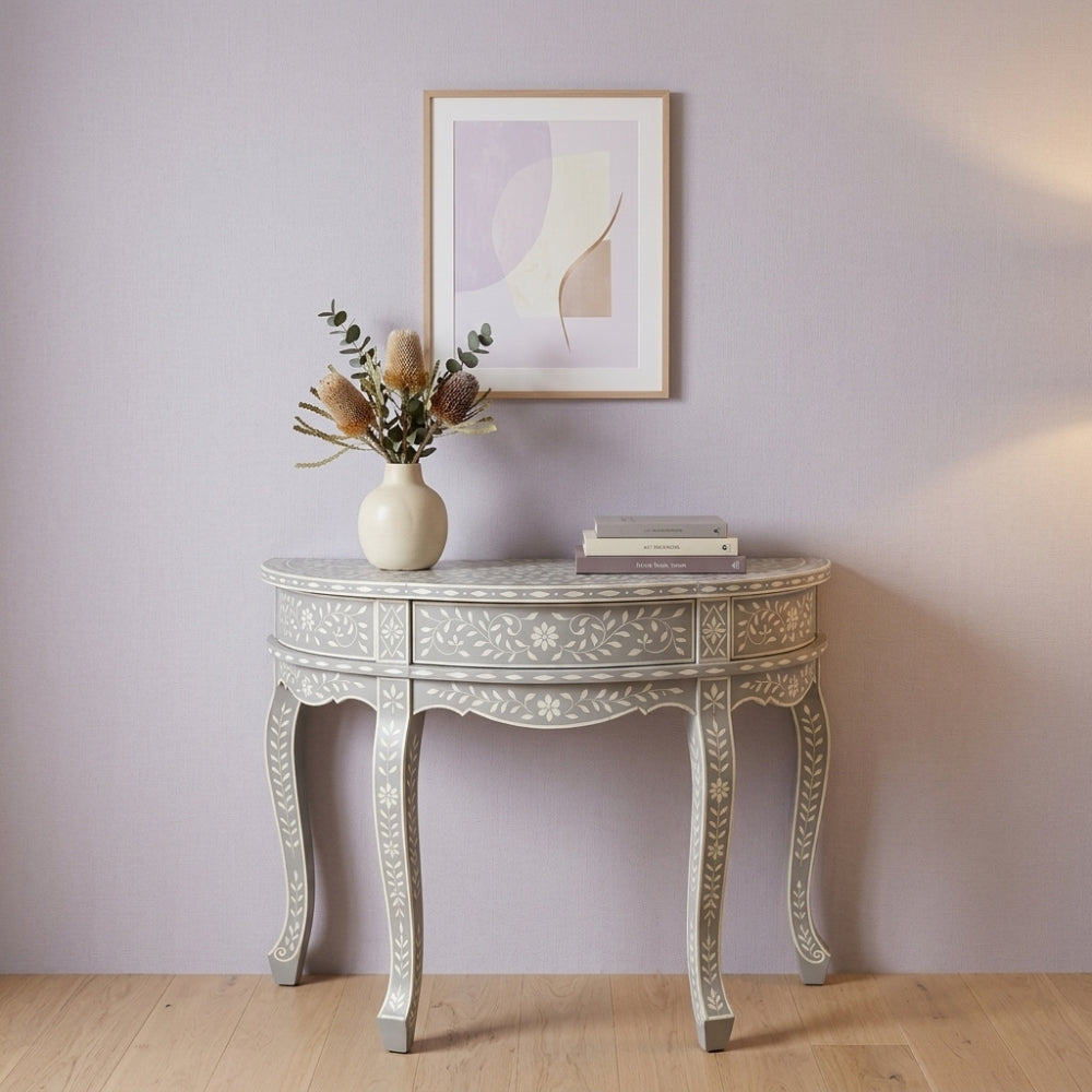 Bone Inlay Half Moon Hall Table : Floral : Grey
