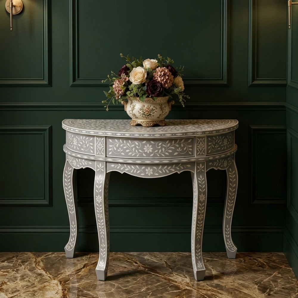 Bone Inlay Half Moon Hall Table : Floral : Grey