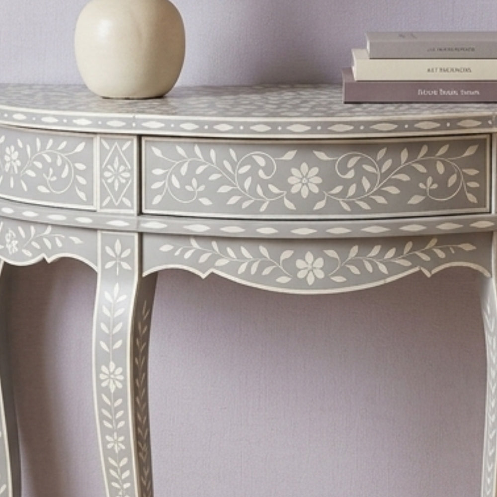 Bone Inlay Half Moon Hall Table : Floral : Grey