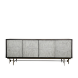 Long rectangular cabinet with textured doors on a white background