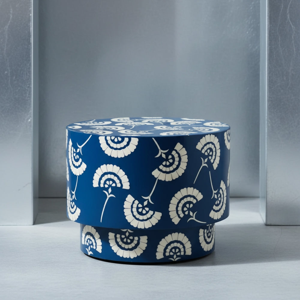 Bone Inlay Round Side Table : Fantail : Navy Blue