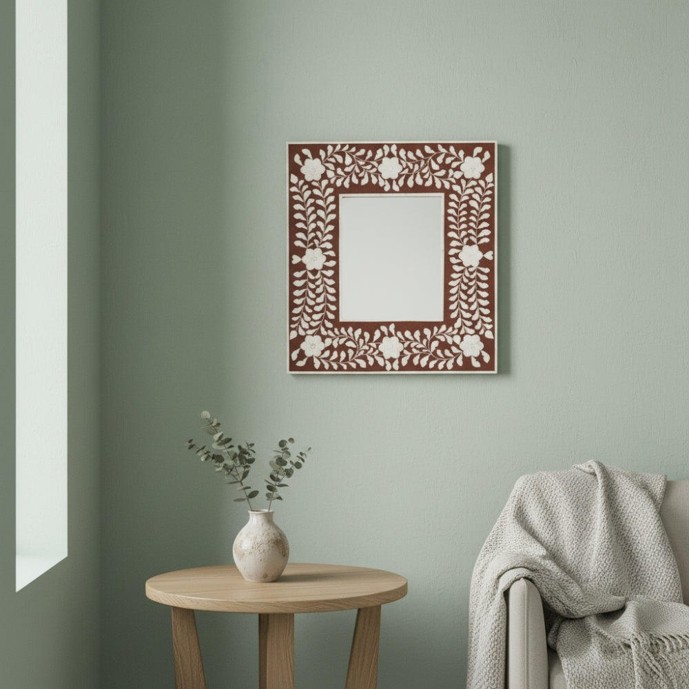 Bone Inlay Square Wall Mirror : Floral : Brown