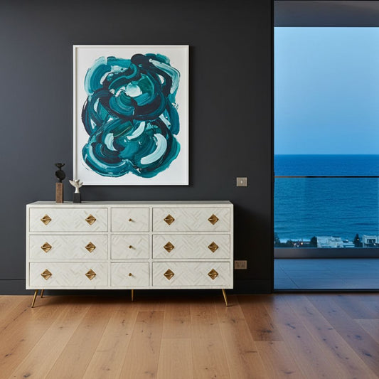 Bone Inlay 9 Drawer Sideboard : Criss Cross : White