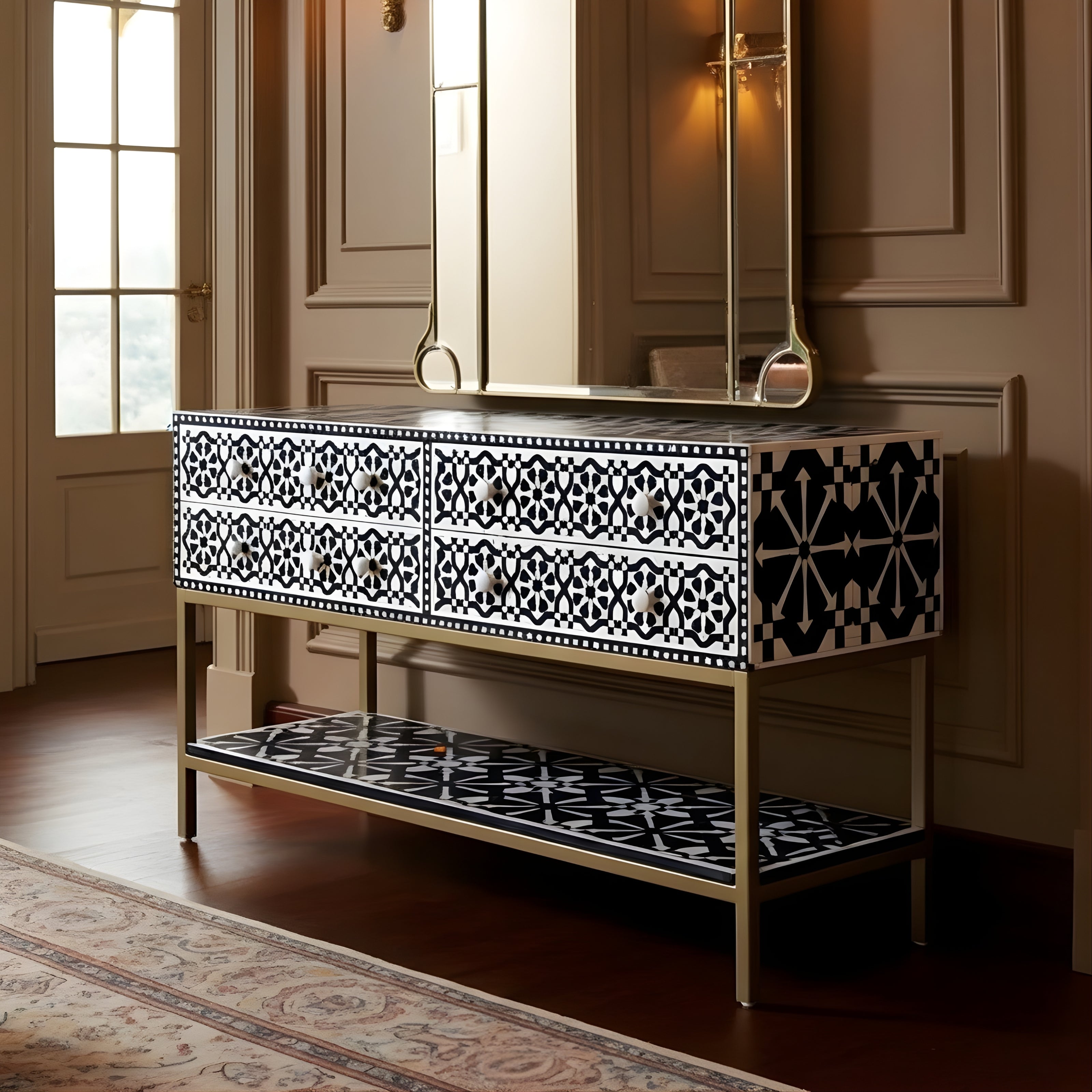 Bone Inlay 4 Drawer Sideboard : Zelliges : Black