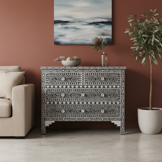 Mother of Pearl Inlay 4 Drawer Chest : Floral : Black