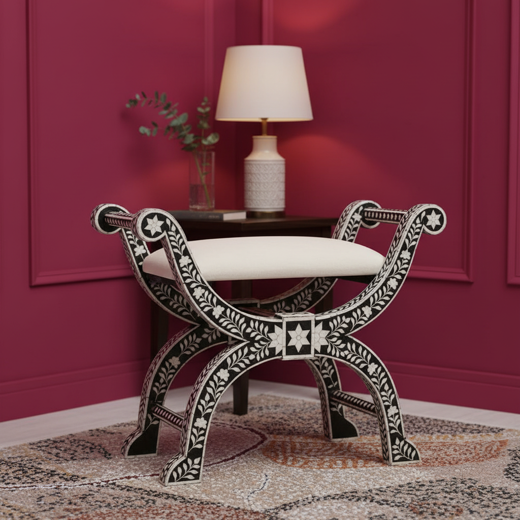 Bone Inlay Isla Stool : Floral : Black