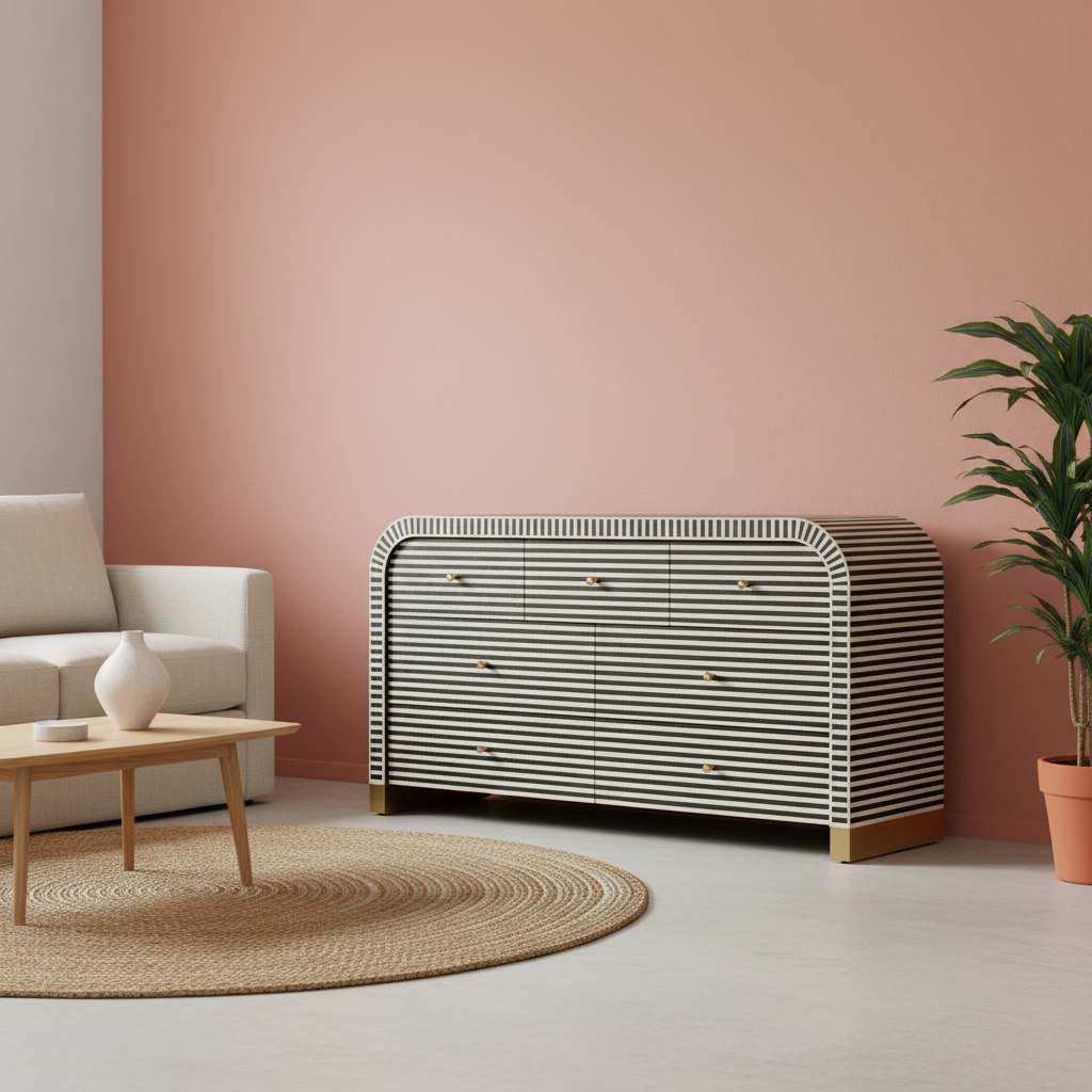 Bone Inlay 7 Drawer Chest : Stripe : Black