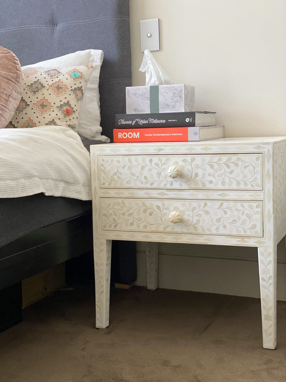 Bone Inlay 2 Drawer Bedside : Floral : White