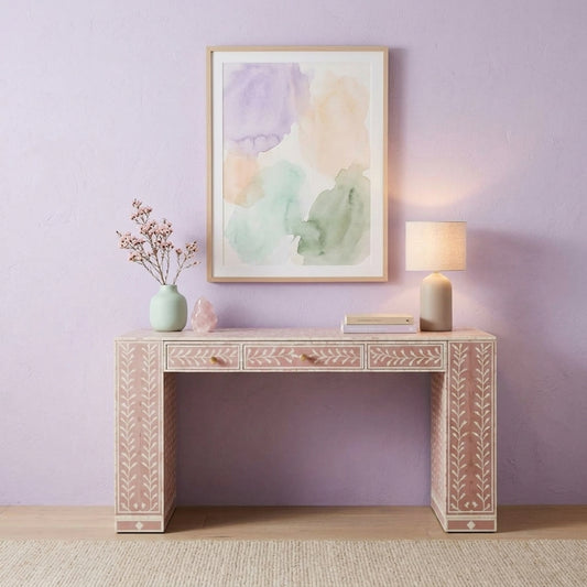 Bone Inlay 3 Drawer Desk : Fern : Dusty Pink