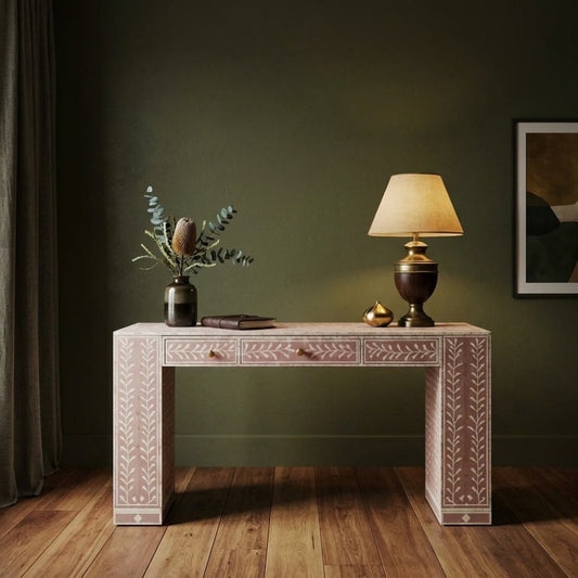 Bone Inlay 3 Drawer Desk : Fern : Dusty Pink