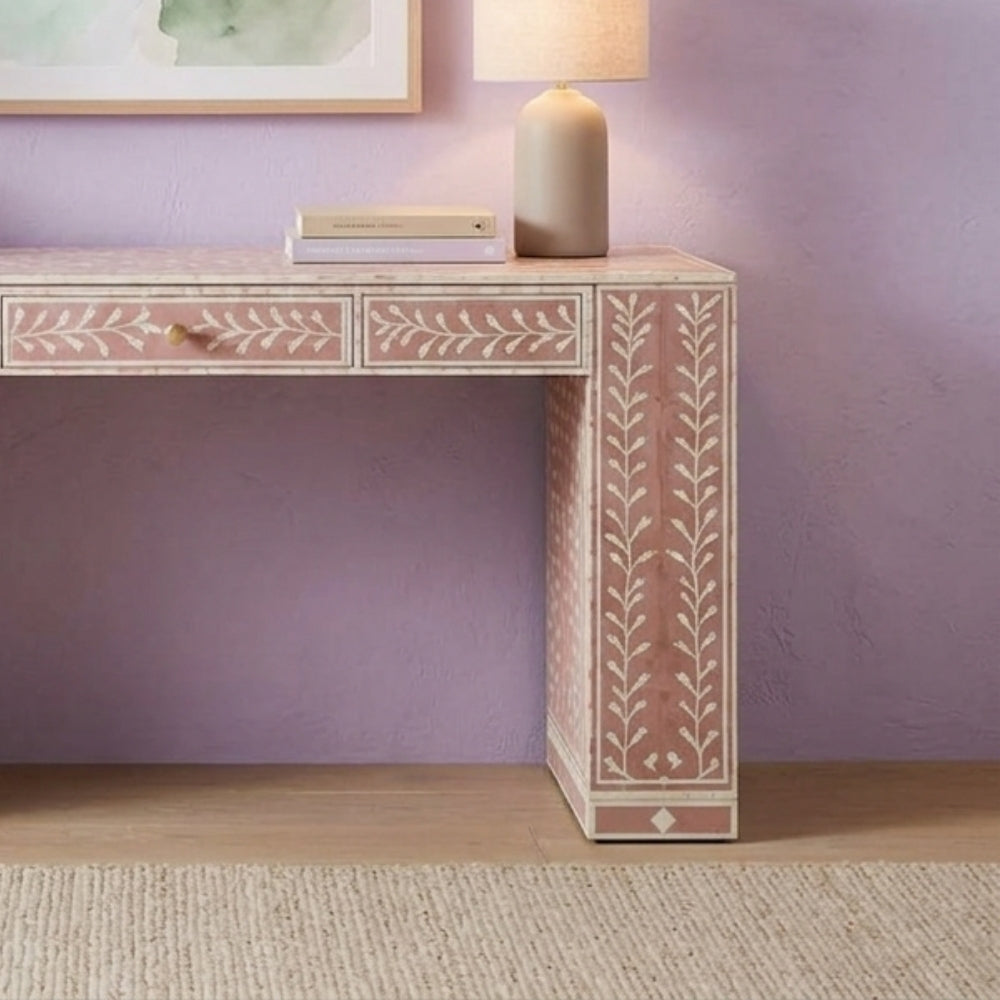 Bone Inlay 3 Drawer Desk : Fern : Dusty Pink