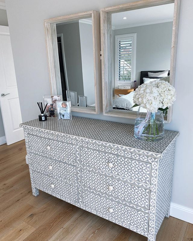 Bone Inlay 6 Drawer Chest : Starburst : Light Grey