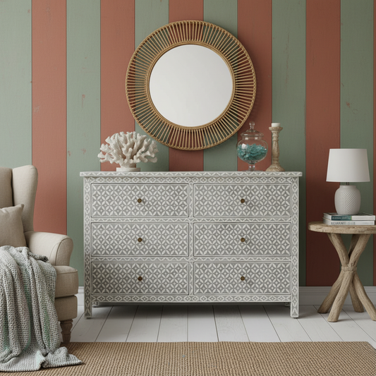 Bone Inlay 6 Drawer Chest : Starburst : Dove Grey
