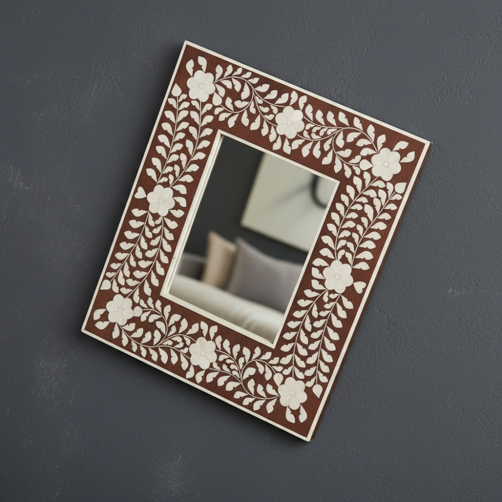 Bone Inlay Square Wall Mirror : Floral : Brown
