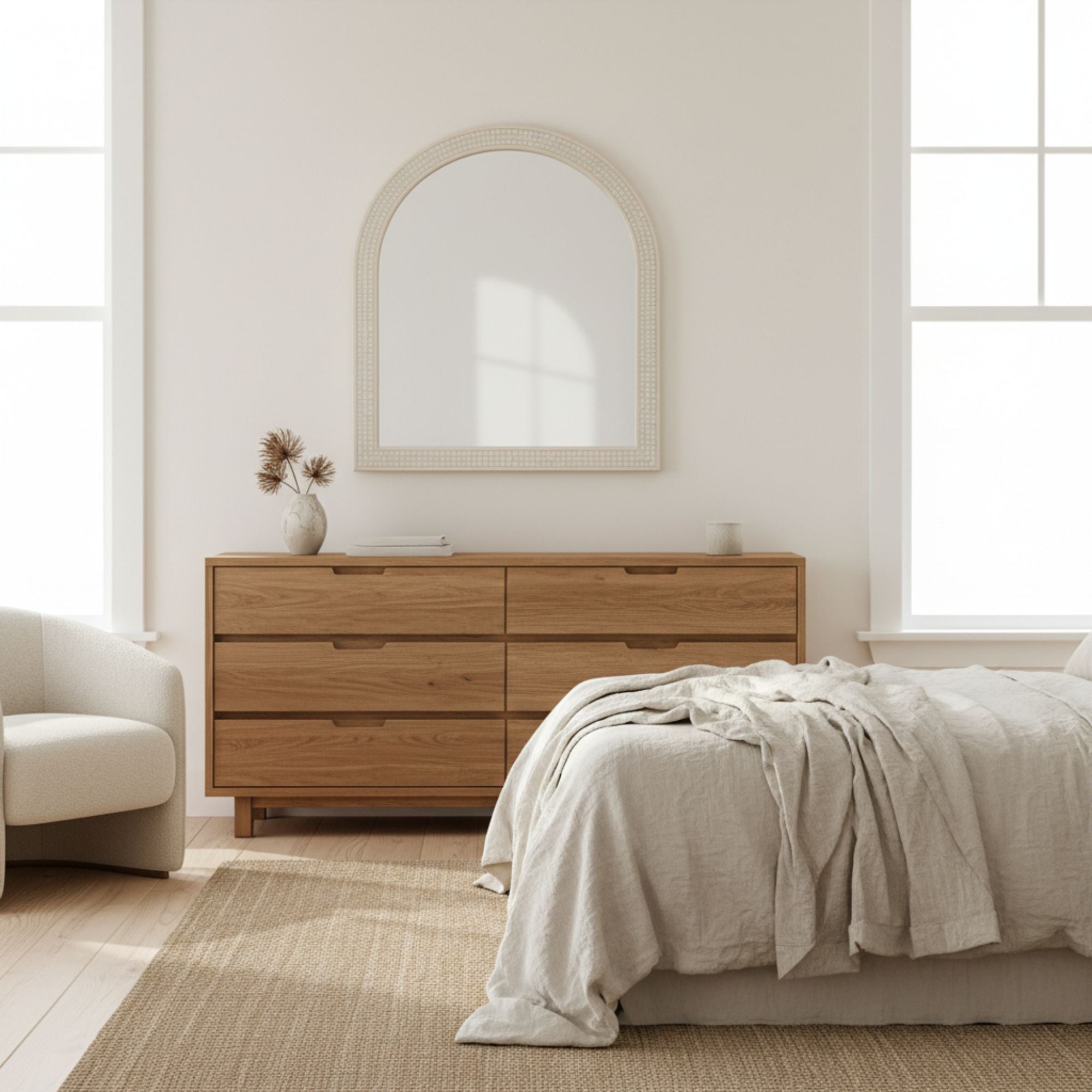 Wooden dresser in a bedroom with a mirror and a bed.