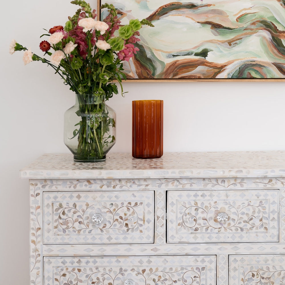 Mother of Pearl Inlay 7 Drawer Chest : Floral : White