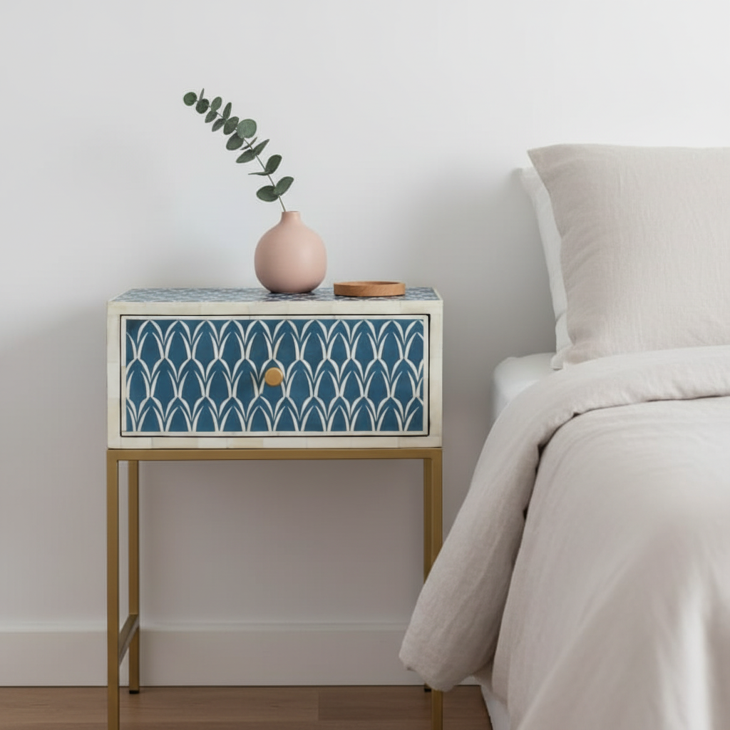 Bone Inlay 1 Drawer Bedside (with Metal Legs) : Arches : Indigo