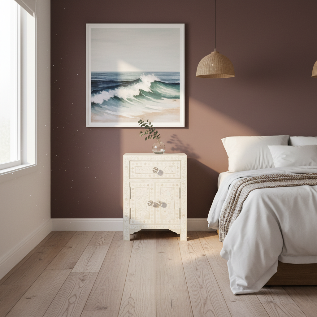 Bone Inlay Bedside Cabinet : Floral : White