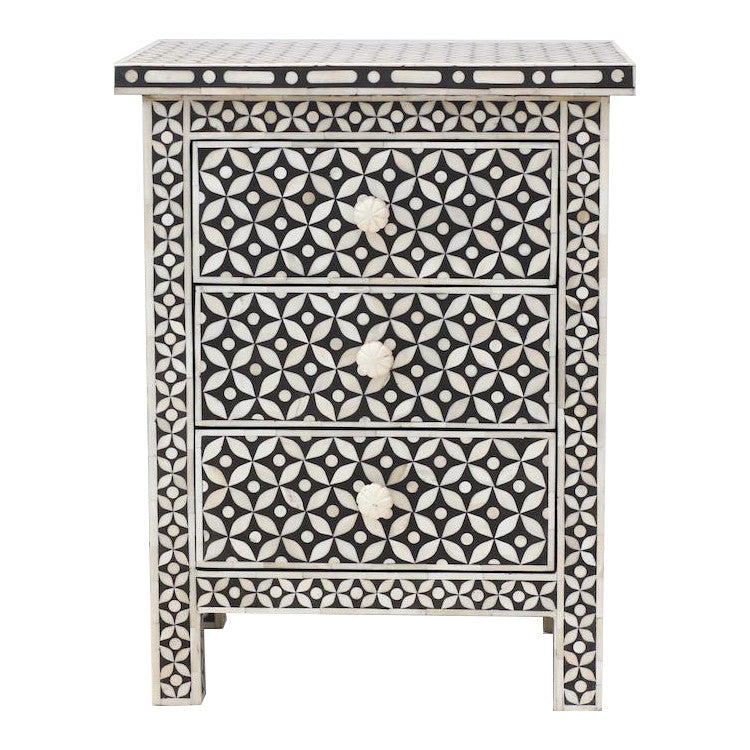 Bone Inlay 3 Drawer Bedside : Starburst : Black