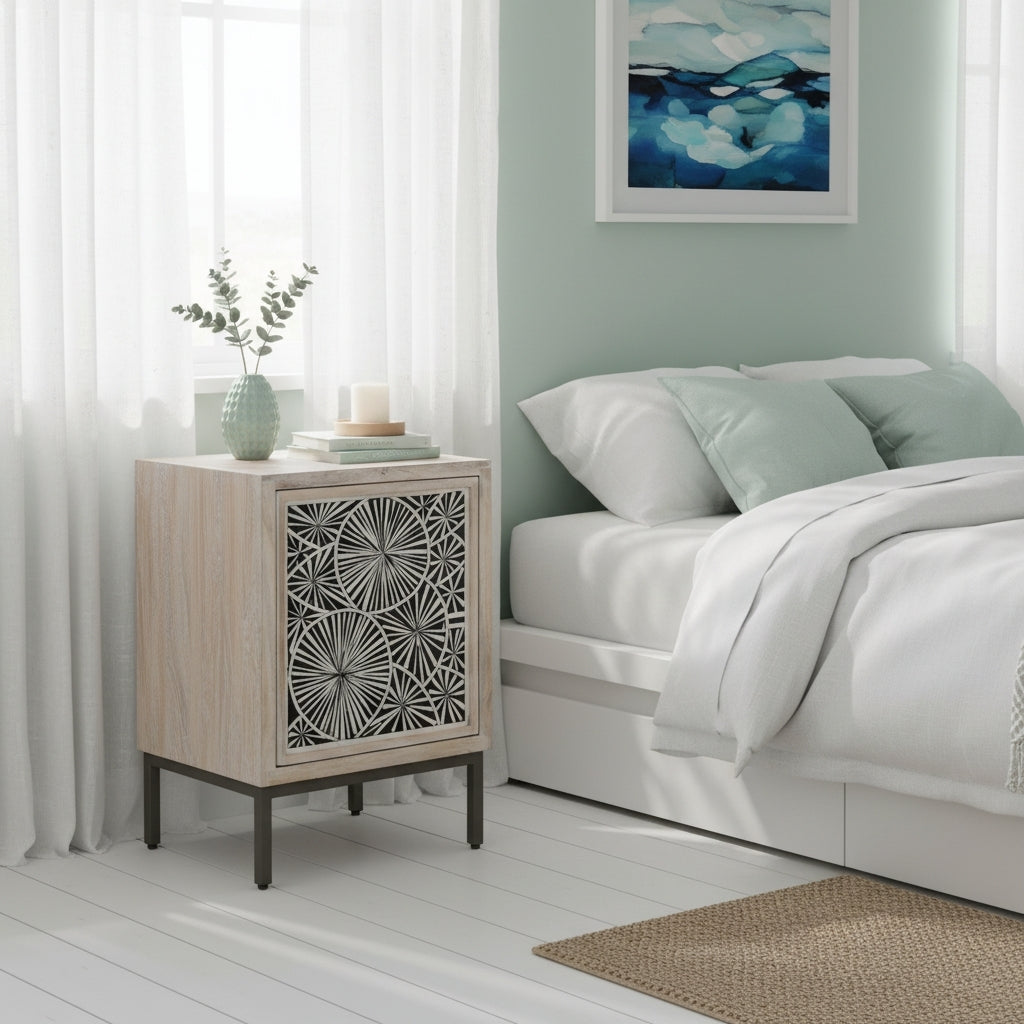 Bedside Cabinet with Bone Inlay Insert : Pond Lily : Whitewash