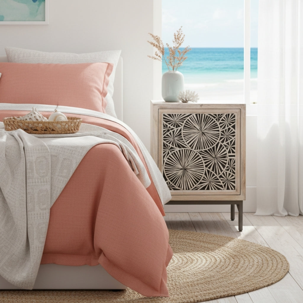 Bedside Cabinet with Bone Inlay Insert : Pond Lily : Whitewash