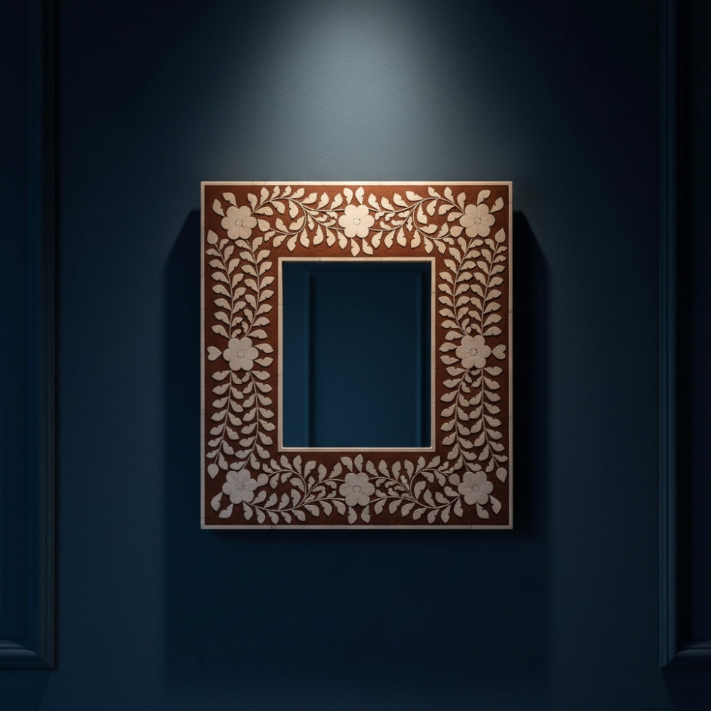 Bone Inlay Square Wall Mirror : Floral : Brown