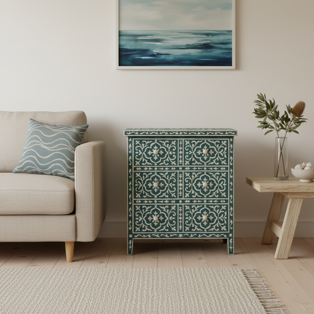 Bone Inlay 3 Drawer Chest : Damask : Teal