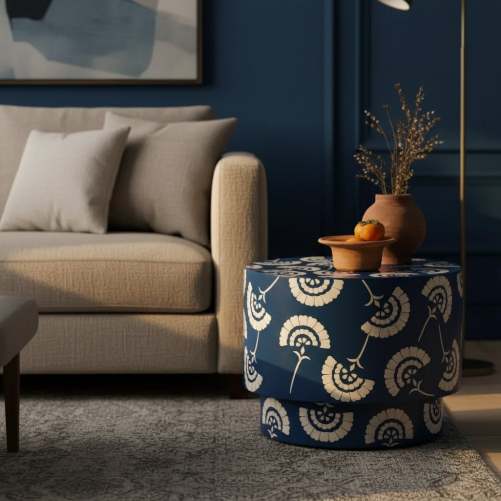 Bone Inlay Round Side Table : Fantail : Navy Blue