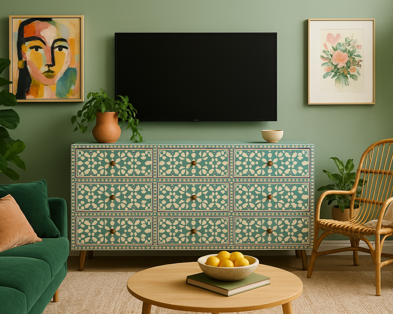 Bone Inlay 9 Drawer Sideboard : Zelliges : Aqua