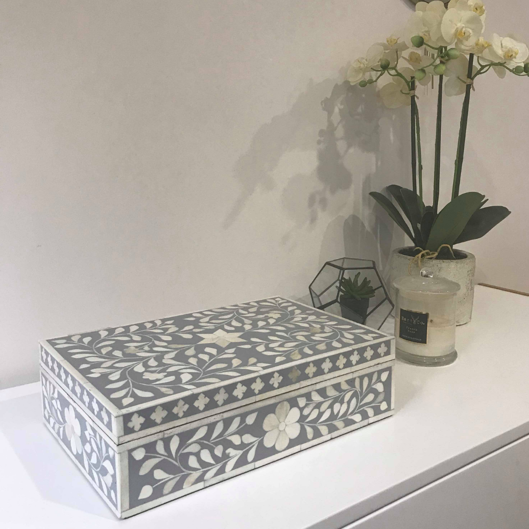 Bone Inlay Large Box : Floral : Grey