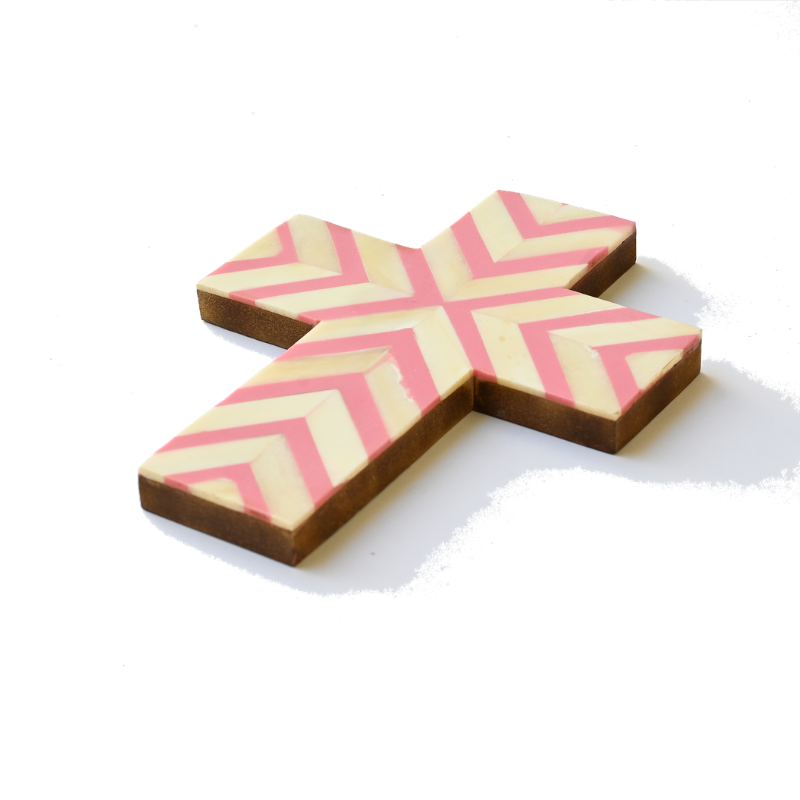 Bone Inlay Small Cross : Zig Zag : Pink
