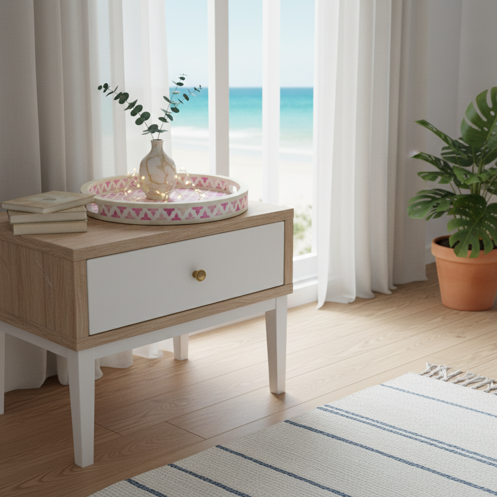 Wooden side table with a white drawer in a room with a window view of the ocean.