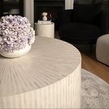 Bone Inlay Round Side Table with Plinth : Stripe : White
