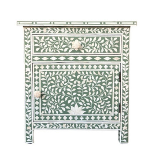 Bone Inlay Large Bedside Cabinet : Floral : Sage