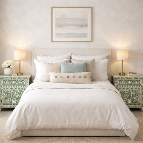 Bone Inlay Large Bedside Cabinet : Floral : Sage